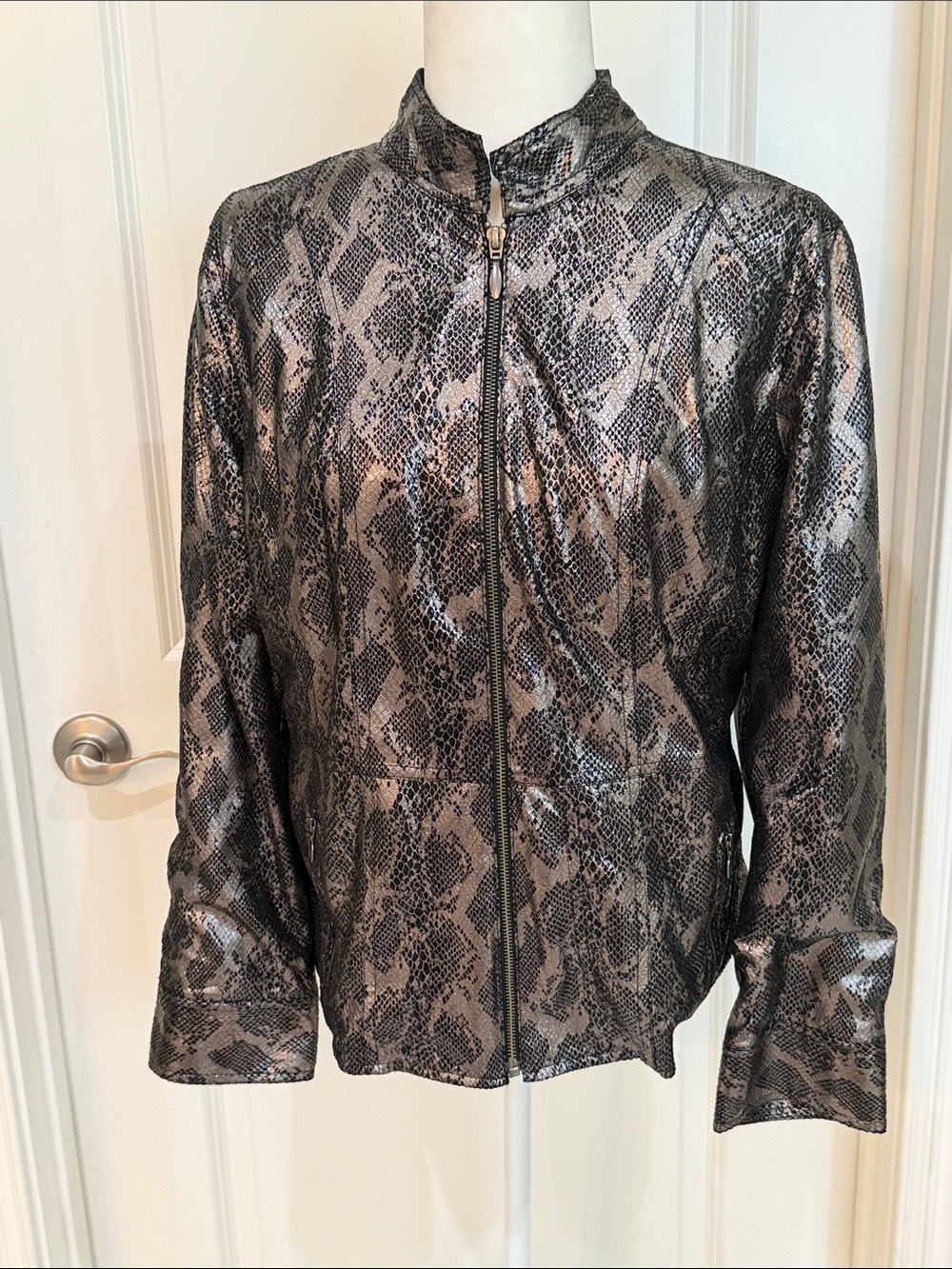 Chico's Metallic Snake-Print Zip Jacket - Black/Taupe Sheen